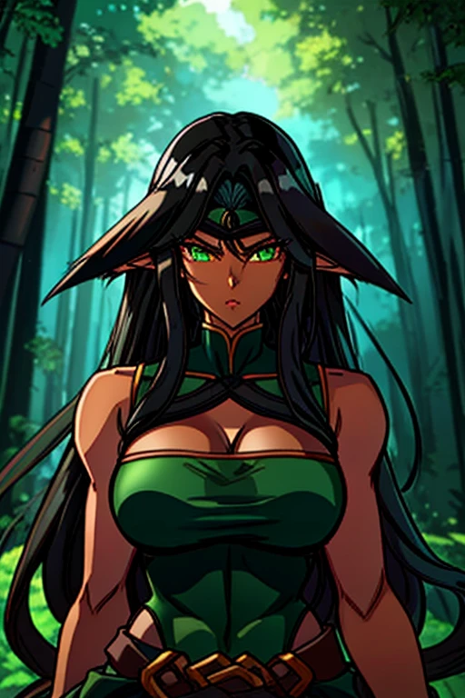 1girl,elf ears,long black wavy hair,long eyelashes,anime art style,((lineart)),muscular,((dark-skinned female)),looking at viewer,forest,nature,broad shoulders,shiny skin,V-shaped eyebrows,green eyes,big breasts,long wavy black hair with bangs,female warrior,She wears a sleeveless white dress with a great neckline,long midface,fantasy,30_years_old