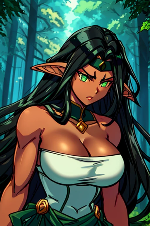 1girl,elf ears,long black wavy hair,long eyelashes,anime art style,((lineart)),muscular,((dark-skinned female)),looking at viewer,forest,nature,broad shoulders,shiny skin,V-shaped eyebrows,green eyes,big breasts,long wavy black hair with bangs,female warrior,She wears a sleeveless white dress with a great neckline,long midface,fantasy,30_years_old