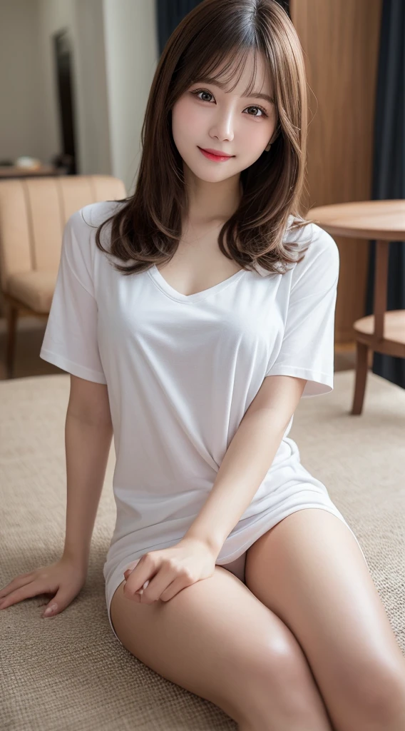 Tabletop, Highest quality, figure, Very detailed, In detail, High resolution, 8k wallpaper, Perfect dynamic composition, Beautiful fine details, ,Straight Hair,、Natural color lip, Bold  pose,smile,luxury house room、20-year-old girl、cute、 shot looking at camera,Ultra-realistic raw photos,My  is open、whole body、Thighs、 pose、Leg spread、White、T-Shirts、 are visible