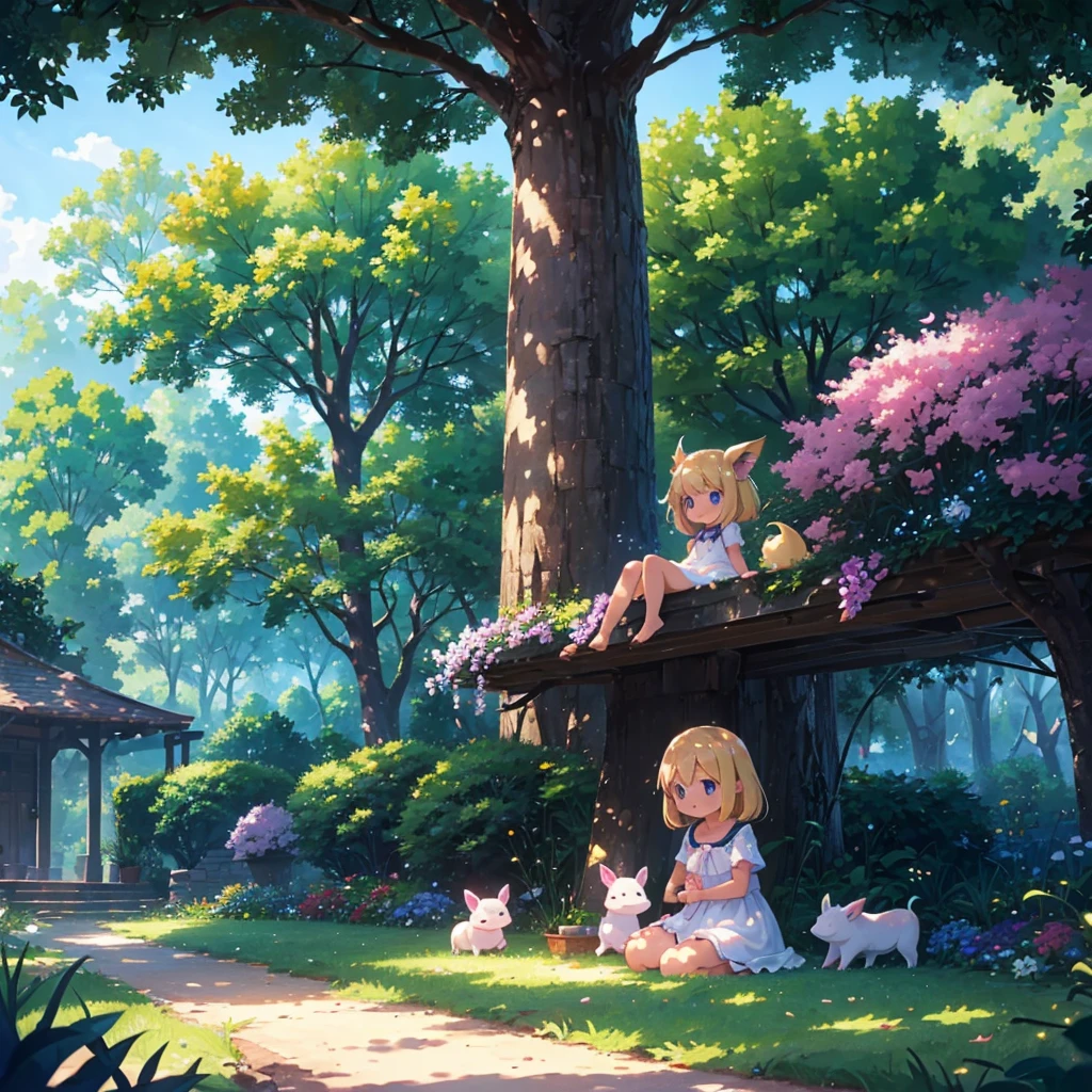 High-definition background, bright and beautiful atmosphere, 3 girls (2 years old, (1 short-tempered round face), (1 child)) (hair, surface effect), color effect), small breasts, blonde hair, wearing a white dress A girl sitting on the lawn, under a large tree, in the shade of the tree, a mini pig sitting on the girl's shoulder, many mini pigs playing in the shade of the tree, deltamon_sdXL:0.73) >Deltamon negative prompt