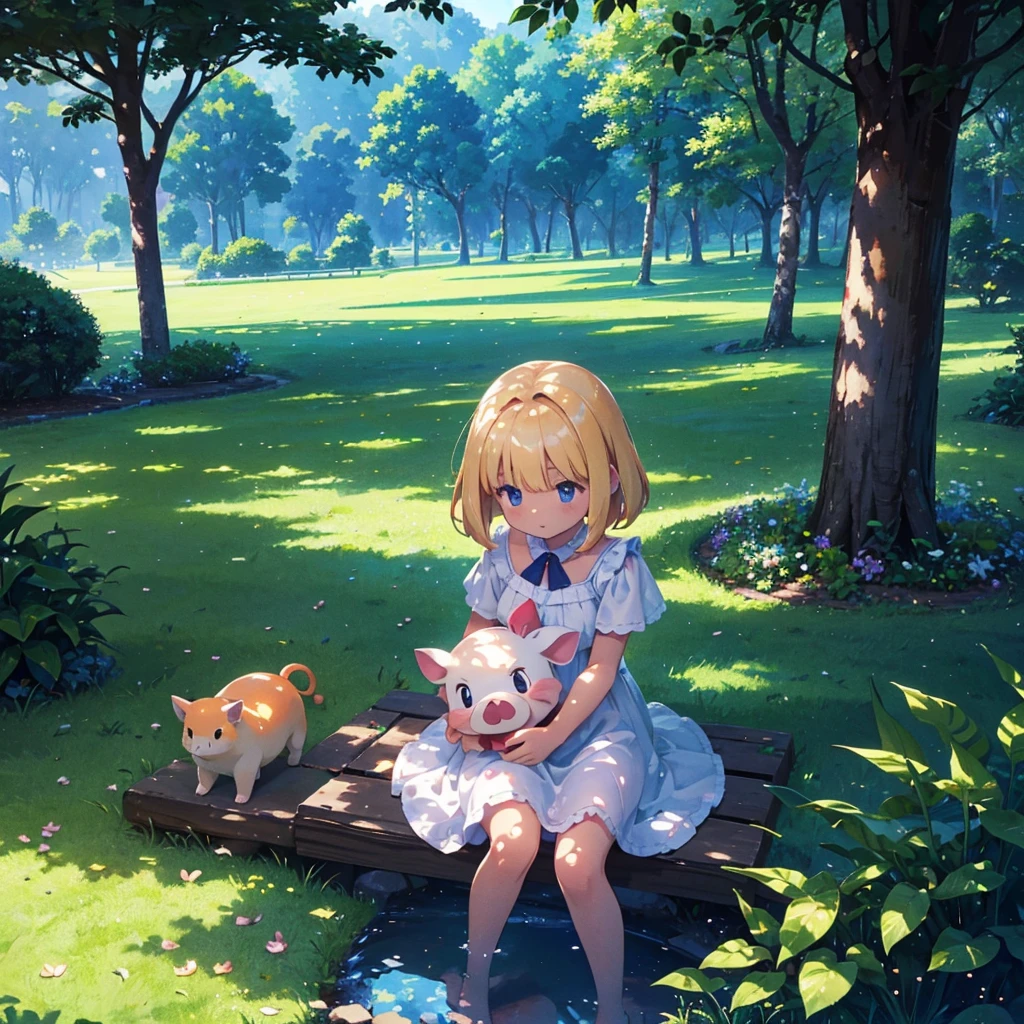 High-definition background, bright and beautiful atmosphere, 3 girls (2 years old, (1 short-tempered round face), (1 child)) (hair, surface effect), color effect), small breasts, blonde hair, wearing a white dress A girl sitting on the lawn, under a large tree, in the shade of the tree, a mini pig sitting on the girl's shoulder, many mini pigs playing in the shade of the tree, deltamon_sdXL:0.73) >Deltamon negative prompt