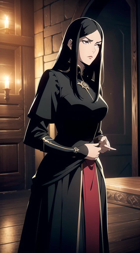 (One Person), (Masterpiece, Best Quality), (A Gorgeous 25 Years Old Female), (long straight black hair with fringe bangs above the eyebrows), (black Eyes), (Fair Skin), (Wearing women's black medieval clothing dress Outfit with and Corsets), (medieval castlevania City Road at Day), (Dynamic Pose), Centered, (Half Body Shot:1.4), From Front Shot, Insane Details, Intricate Face Detail, Intricate Hand Details, Cinematic Shot and Lighting, Realistic and Vibrant Colors, Masterpiece, Sharp Focus, Highly Detailed, Taken with DSLR camera, Depth of Field, Realistic Environment and Scene, Master Composition and Cinematography
