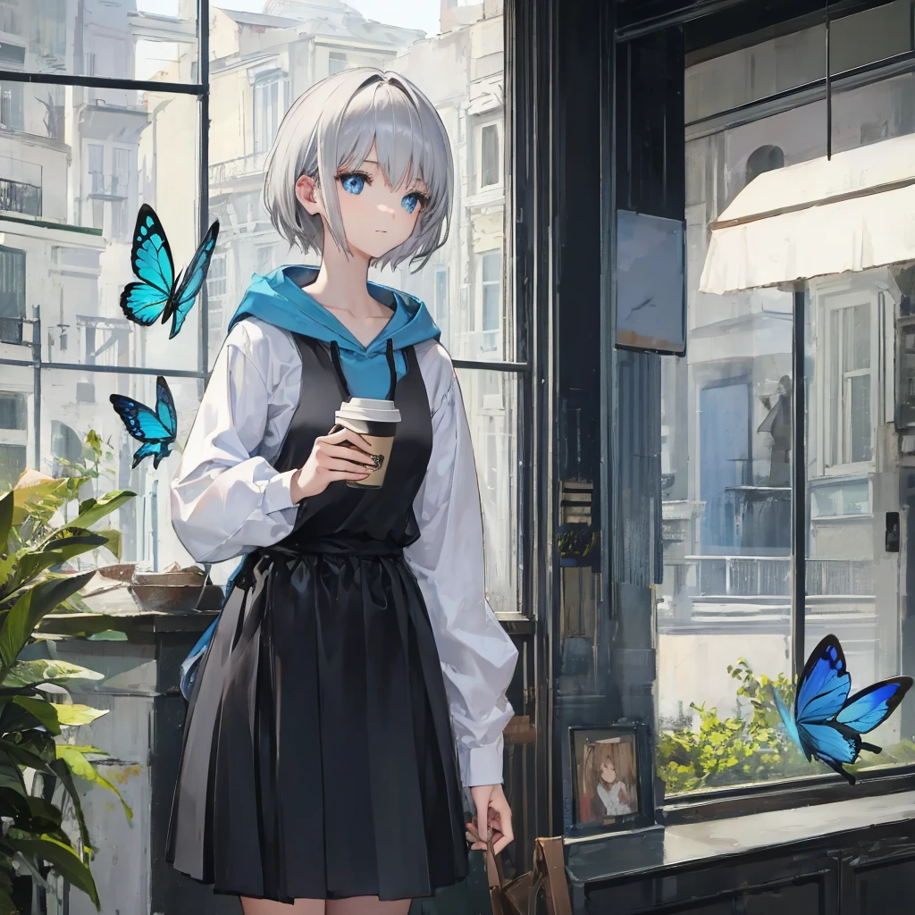 (((1 person　Gray Hair　Cafe　Window　blue eyes)))　((High resolution　short hair　hoodie　Black Skirt　Rin々Funny face))　((Close-up　Side view))　((Blue Butterfly　Asahi　Shining Aura　look out　Holding a cup　Drink coffee))　(smile　Bathed in light)　Shining Background　Shining Edge