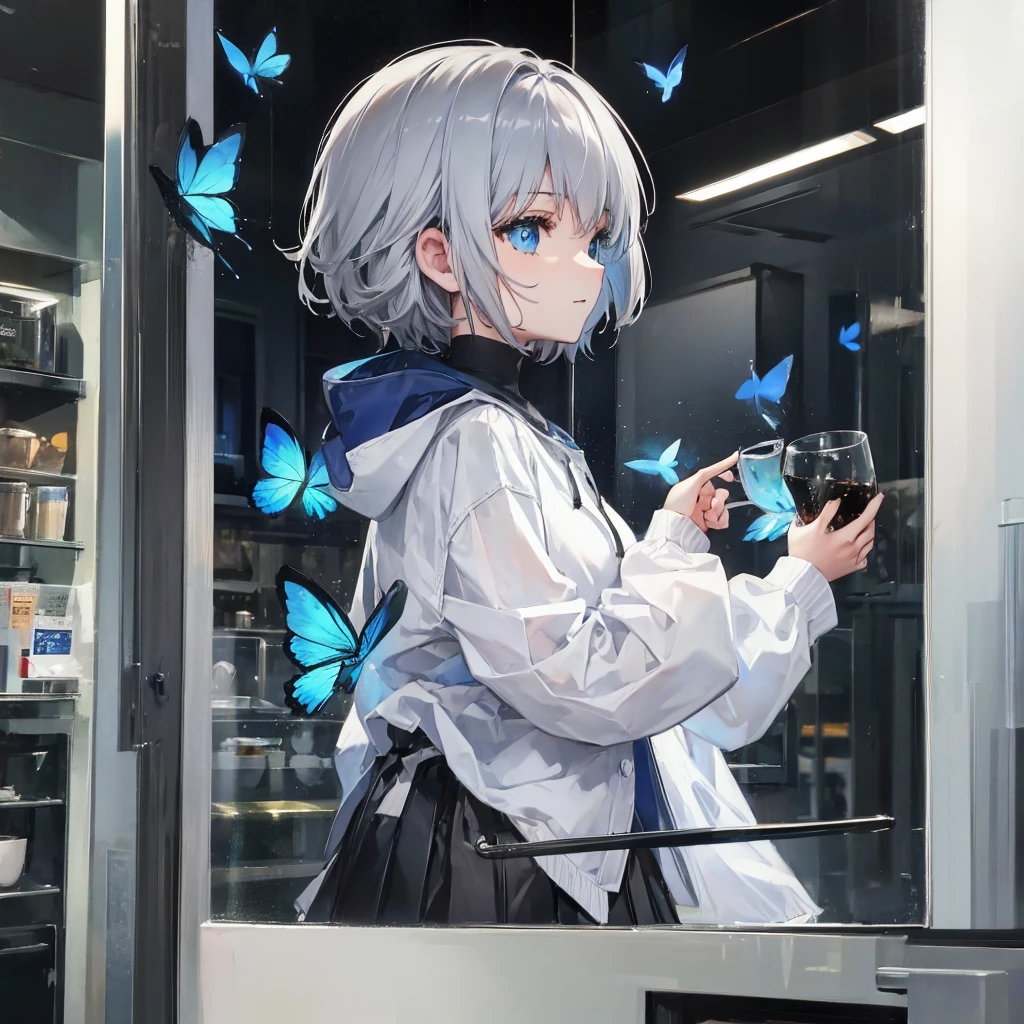 (((1 person　Gray Hair　Cafe　Window　blue eyes)))　((High resolution　short hair　hoodie　Black Skirt　Rin々Funny face))　((Close-up　Side view))　((Blue Butterfly　Asahi　Shining Aura　look out　Holding a cup　Drink coffee))　(smile　Bathed in light)　Shining Background　Shining Edge