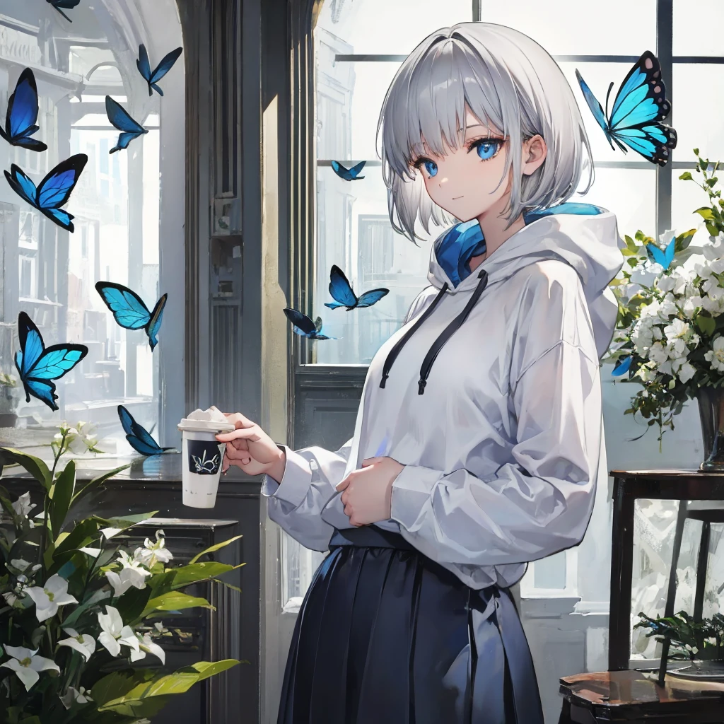 (((1 person Gray Hair Cafe Window blue eyes))) ((High resolution short hair hoodie Black Skirt Rin々Funny face)) ((Close-up Side view)) ((Blue Butterfly Asahi Shining Aura look out Holding a cup Drink coffee)) (smile Bathed in light) Shining Background Shining Edge