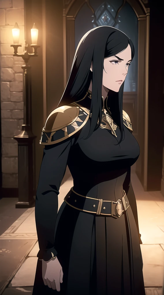 (One Person), (Masterpiece, Best Quality), (A Gorgeous 25 Years Old Female), (long straight black hair with fringe bangs above the eyebrows), (black Eyes), (Fair Skin), (Wearing women's black medieval clothing dress Outfit with and Corsets), (medieval castlevania City Road at Day), (Dynamic Pose), Centered, (Half Body Shot:1.4), From Front Shot, Insane Details, Intricate Face Detail, Intricate Hand Details, Cinematic Shot and Lighting, Realistic and Vibrant Colors, Masterpiece, Sharp Focus, Highly Detailed, Taken with DSLR camera, Depth of Field, Realistic Environment and Scene, Master Composition and Cinematography
