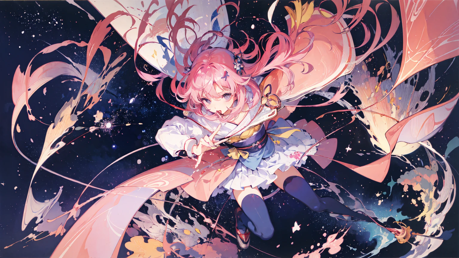 (masterpiece、top-quality、Official art:1.2)、Look at viewers、(Little girl))、(santa costume)(Pink hair)(toppless),christmas tree island、Rainbow fragments are scattered、(flying reindeer),floating colorful starry sky、(2D:1.5)