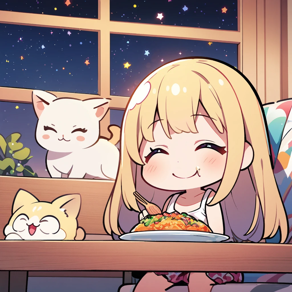 masterpiece、Highest quality、Depth of subject、2D illustration、1 beautiful girl、独奏, (((chibi style)))、((night)), ((window)), ((starry sky)), Long, beautiful hair、shiny blonde hair、cute、Beautifully detailed eyes、((Tank top))、a cute sleeping kitten on chair, ((colorful))、mini skirt、((happy smile))、((Canned Chuhai)), ((close up shot))、((eating dinner)), ((in the room))、((There's a lot of pink around))、Thighs、((vivid color))、sparkle、((Lens flare))、