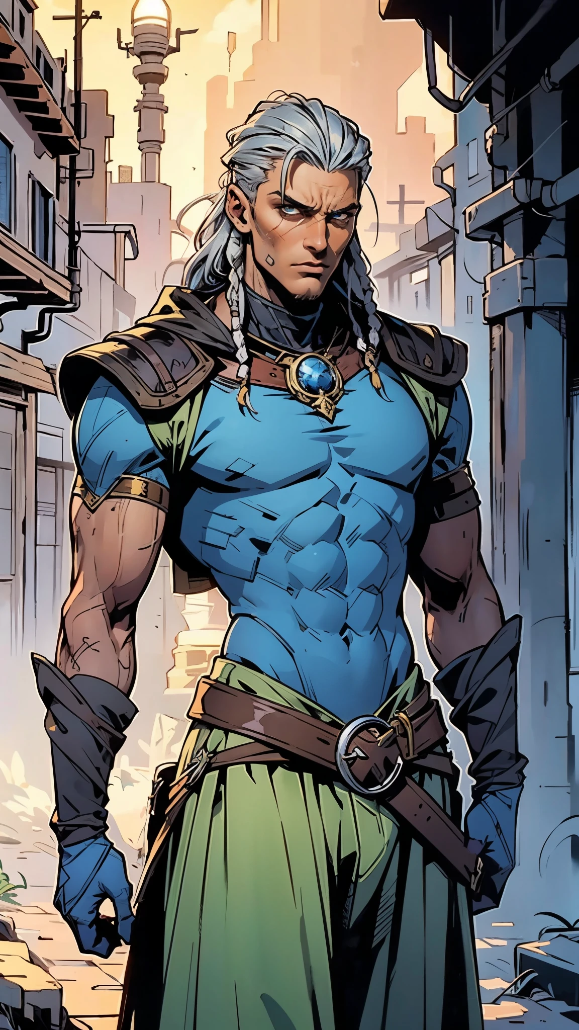 A young man with long white dreadlocks, dark skin, a melancholic expression, drooping eyelids and eyebrows, a lean face, a thin yet sturdy build, a tattered and ill-fitting light blue fantasy-style adventurer's shirt with short sleeves, revealing his abs, a silver breastplate on his left chest, a large sword is strapped to his back, a yellow belt, white coarse cloth trousers, stands nervously in a fantasy-style western town, this character embodies a finely crafted fantasy-style adventurer in anime style, exquisite and mature manga art style, dramatic, high definition, best quality, highres, ultra-detailed, ultra-fine painting, extremely delicate, professional, perfect body proportions, golden ratio, anatomically correct, symmetrical face, extremely detailed eyes and face, high quality eyes, creativity, RAW photo, UHD, 32k, Natural light, cinematic lighting, masterpiece-anatomy-perfect, masterpiece:1.5