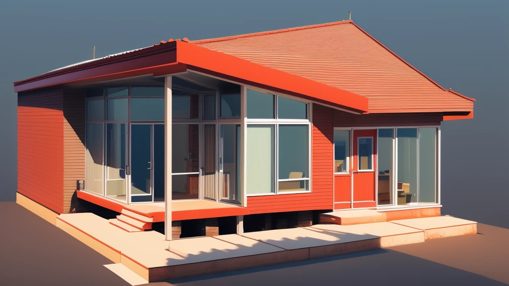 a rendering of a small house with a red roof and a porch, front elevation view, elevation view, front-view, frontview, front view, digital rendering, digital model, building facing, isometric view from behind, an extremely detailed building, d render, 3 - d render, 3 d render n - 9, 3 d model, 3d model