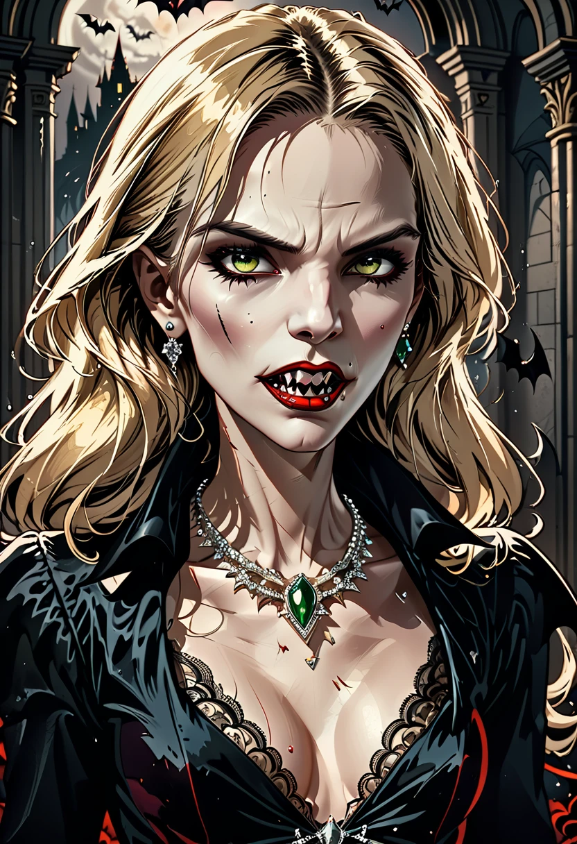 ((a photorealistic portrait of an exquisite, glamour female vampire: 1.5)) , pale face, blond hair, long vibrant shiny hair, glamorous hair, emerald green eyes, deep  eyes, red lips,  lips, ((two vampiric fangs: 1.5), drops of blood dripping from the mouth, ((1920's style: 1.5)), she wears an intricate diamond necklace and earrings, 1920's style clothes, (highest quality:1.2, Very detailed, up to date, Vibrant, Ultra-high resolution, High Contrast, masterpiece:1.2, highest quality, Best aesthetics), best details, best quality, highres, ultra wide angle, 16k, [ultra detailed], masterpiece, best quality, (extremely detailed), Genetically modified..., Cinematic Hollywood Film, dark novel