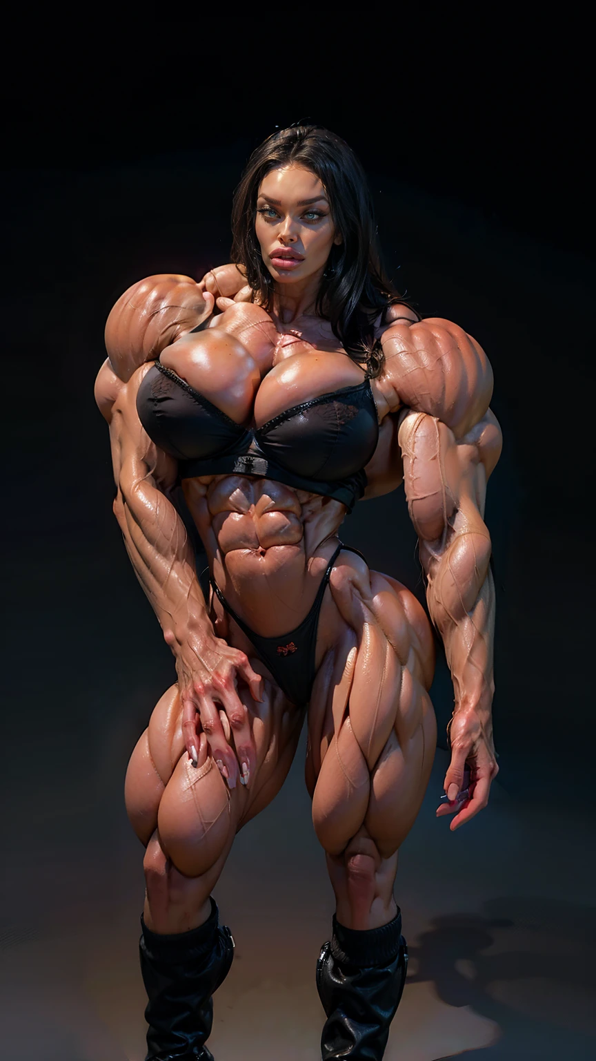 (megan fox), ((((female bodybuilder)))), (((((very muscular))))), (((huge upper body))), (((narrow hips))), long hair, ((black sexy lingerie)), ((((full body front view)))), (((perfect hands, perfect fingers))), ((grey background))