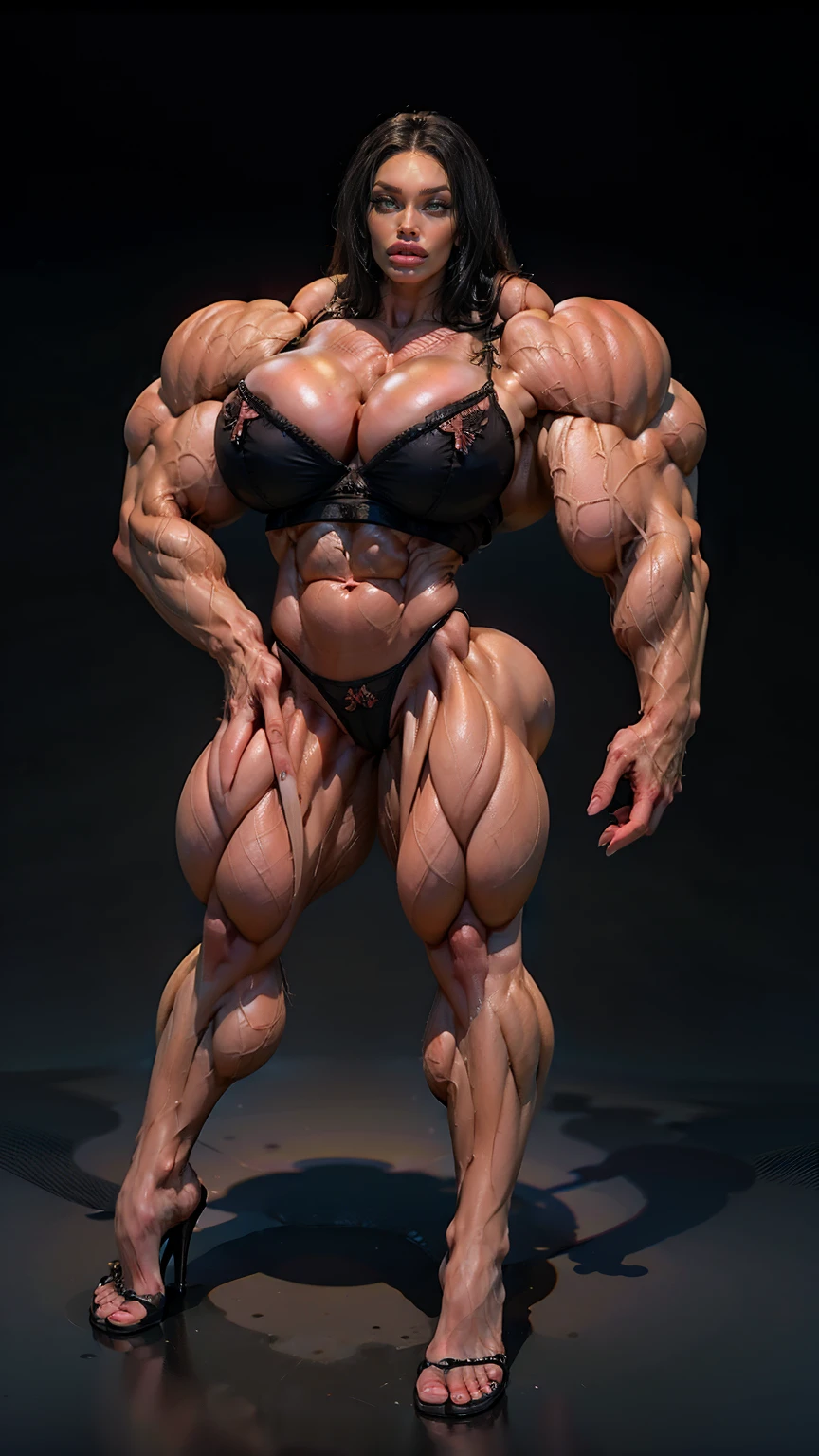 (megan fox), ((((female bodybuilder)))), (((((very muscular))))), (((huge upper body))), (((narrow hips))), long hair, ((black )), ((((full body front view)))), (((perfect hands, perfect fingers))), ((grey background))