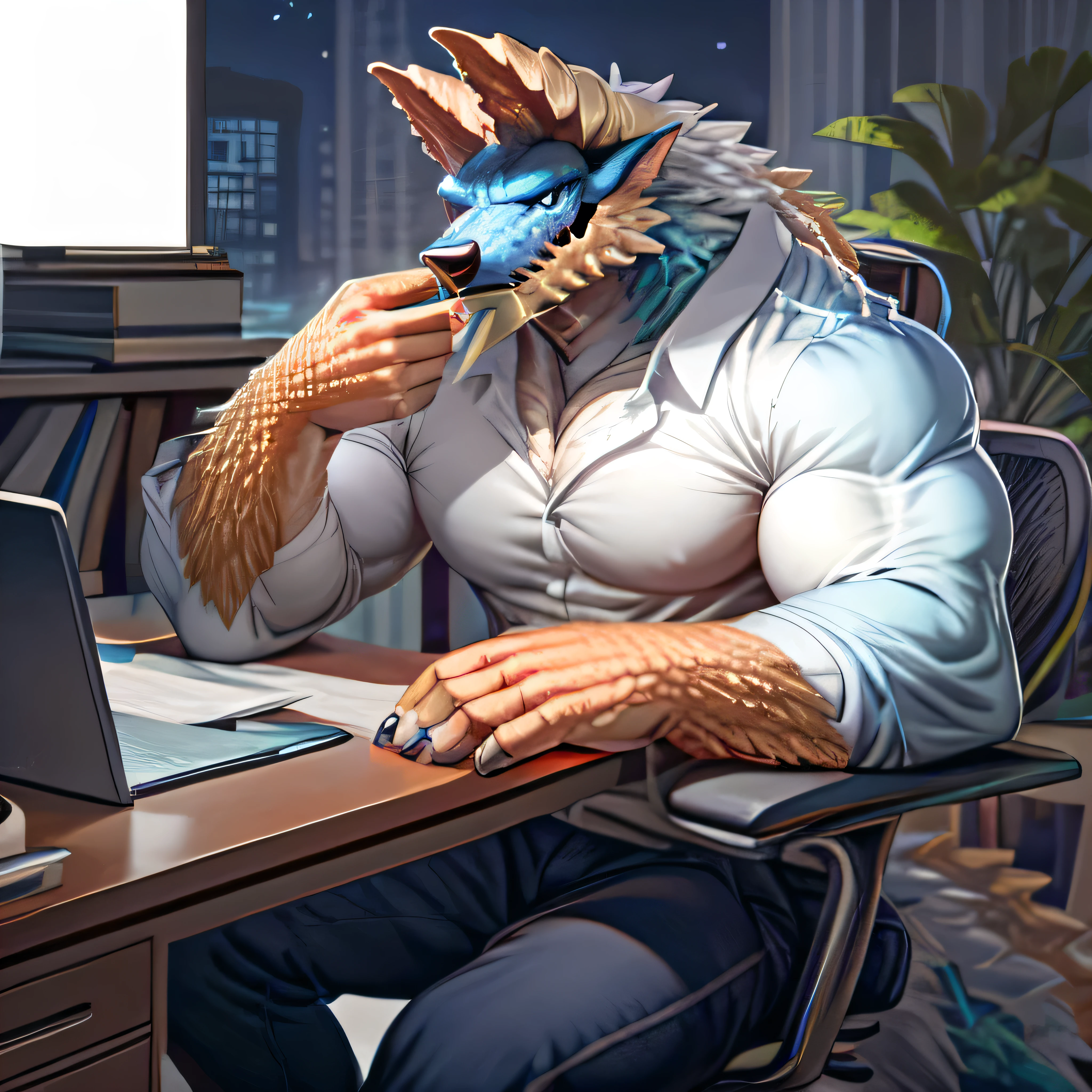 anthropology,(zinogre:1.2),Tail,((whole body,blue eyes, Blue body, White furry, Yellow Hand, Feet, Blue face,4 toes,Tail )),((trumpet)),muscular, office, annoyed, Worry, Chair, , White shirt, 
programmer, Pants, Long sleeve, night,DARK
whole body,
(author：null-ghost,From raccoon21,masterpiece,high quality),   