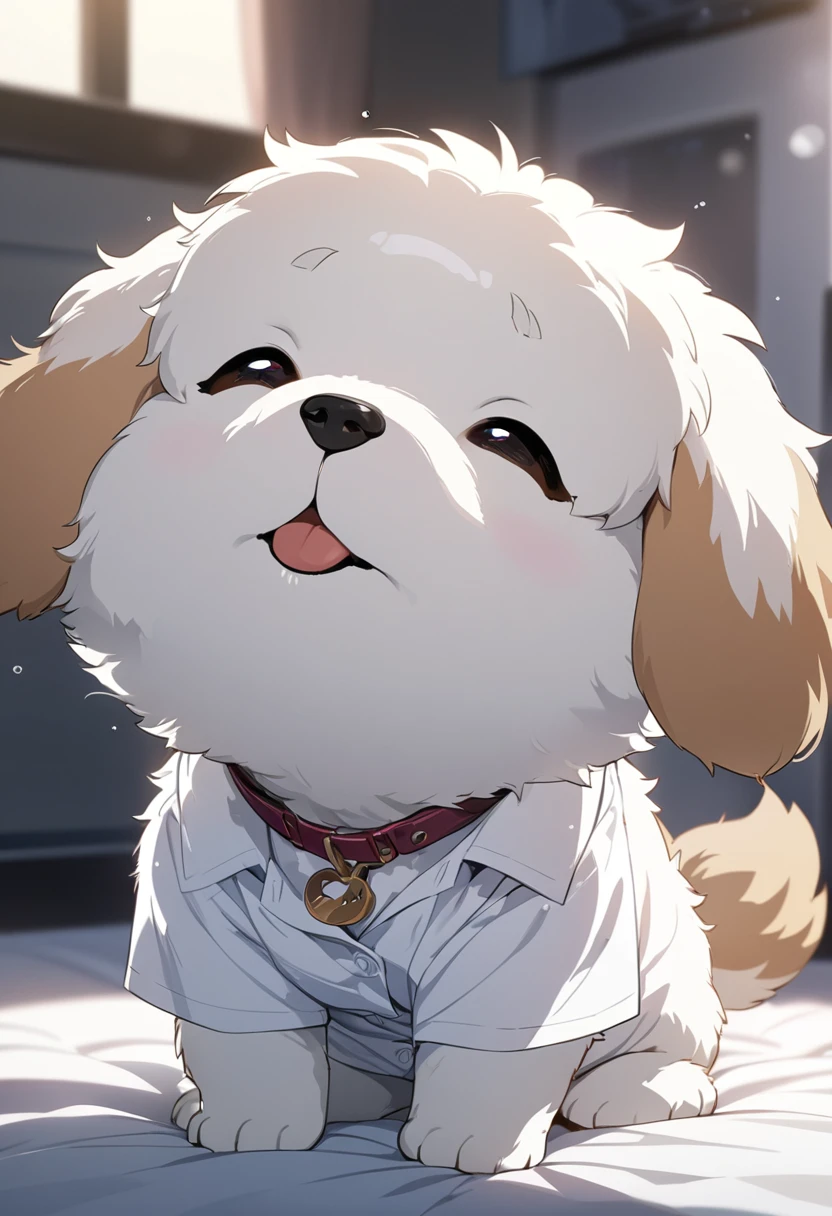 masterpiece, best quality, extremely detailed, anime,fluffy puppy , happy, (( dog smelling white business shirt ,no human))
