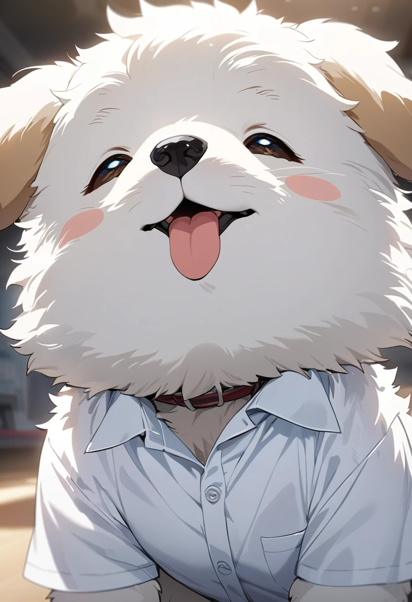 masterpiece, best quality, extremely detailed, anime,fluffy puppy , happy, (( dog smelling white business shirt ,no human))