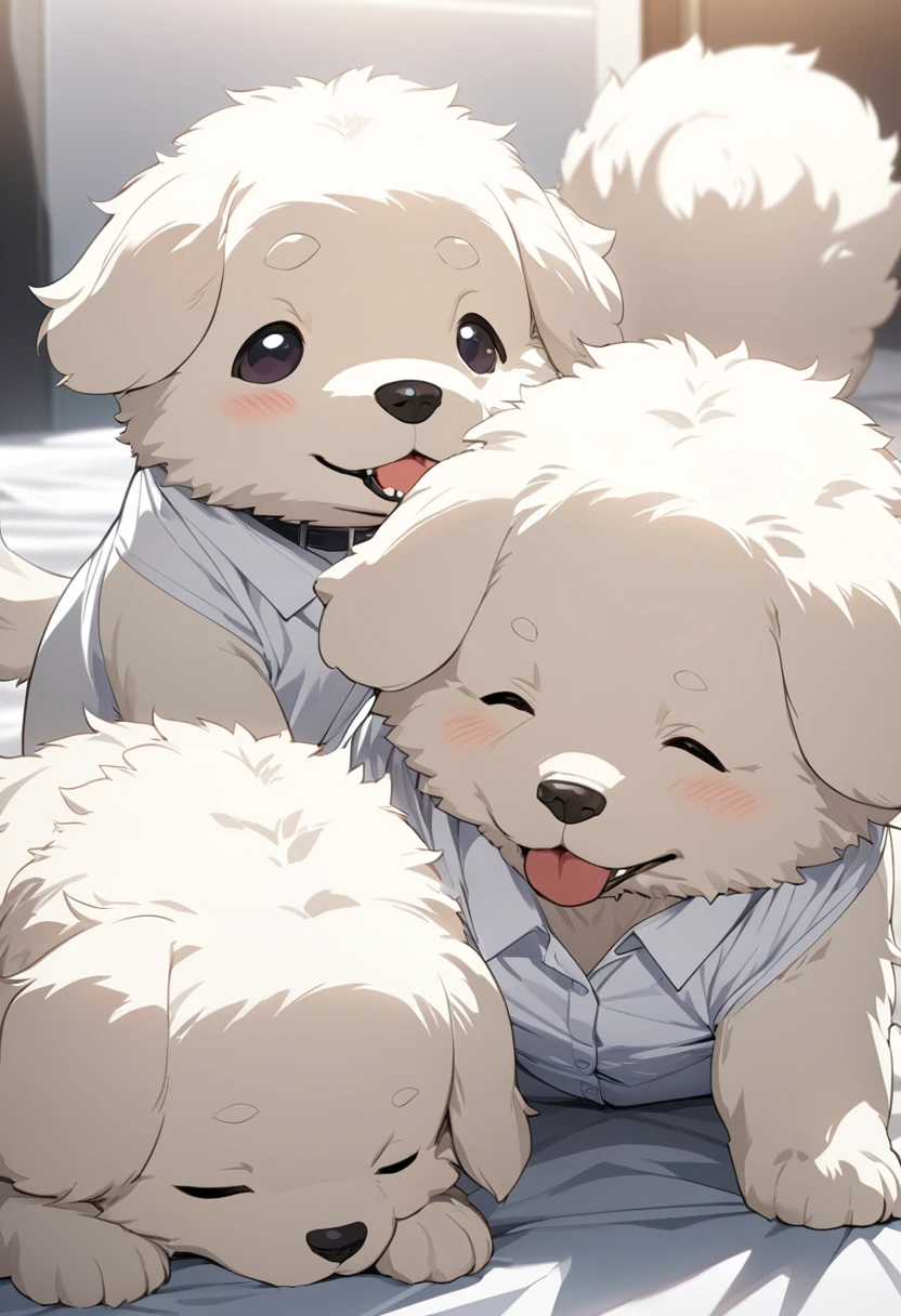 masterpiece, best quality, extremely detailed, anime,fluffy puppy , happy, (( dog smelling white business shirt ,no human))
