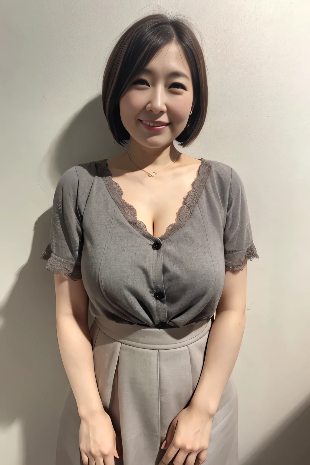 Realistic(masterpiece、Highest quality)、Short-haired woman、Japanese、Mature Woman,smile、Plain gray background、30 years old、whole body、Light clothing、Emphasize large breastini skirt.Beautiful legs