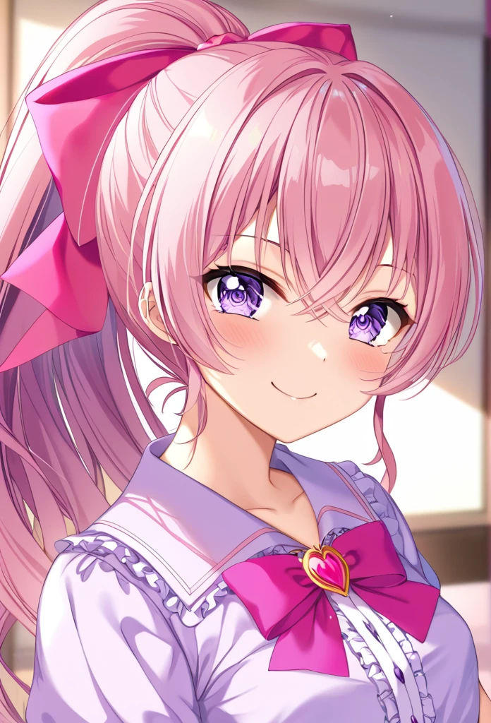 (((masterpiece)))(((Highest quality)))(((8K)))(((4K)))One Little Girl、 years old、Straight Hair、(Pink Hair)Pink high ponytail、Ribbon on head、Crossed bangs、Light purple eyes、Squint your eyes、((Smile with your mouth closed))、(((Cute idol costumes)))、Small breasts、Diagonally from behind、turn around、Upper Body、Anime Style