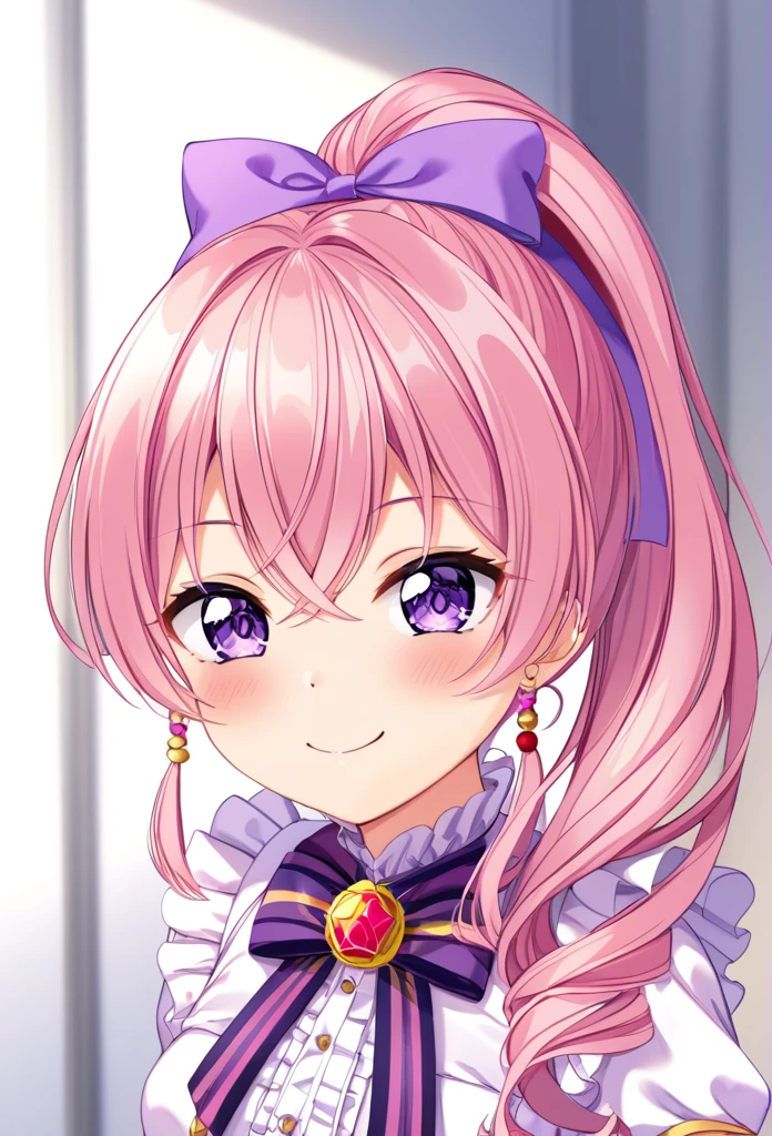 (((masterpiece)))(((Highest quality)))(((8K)))(((4K)))One Little Girl、 years old、Straight Hair、(Pink Hair)Pink high ponytail、Ribbon on head、Crossed bangs、Light purple eyes、Squint your eyes、((Smile with your mouth closed))、(((Cute idol costumes)))、Small breasts、Diagonally from behind、turn around、Upper Body、Anime Style