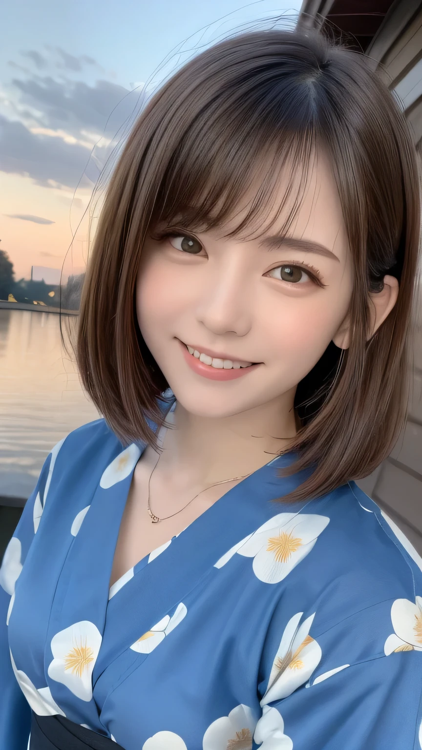 closeup shot , Best picture quality (8K, high resolution, Masterpiece: 1.2), super detailed, 215 Short Hair, 16-year-old woman,
situation: Waiting for the fireworks to start on the riverbank at dusk、Enjoying a picnic with friends and family。
clothing: Brightly colored yukata、band、can。Hair is upstyled、Wear a hair accessory that matches your yukata。
angle: With a riverside landscape in the background、Photographing a yukata from a wide angle。Relaxing on a picnic sheet、Close-up of a friend laughing together。The evening sky slowly々It gets dark、Reflecting the sense of anticipation as the fireworks begin。
Close-up of face
, random cute pose ,big eyes ,Puffy eyes , Heart Pupil, blush , huge shy smile , salute