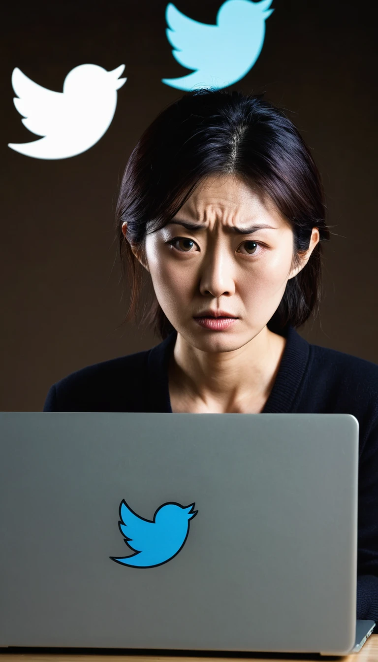 a horrible looking japanese man looking her laptop , twitter logo on the laptop