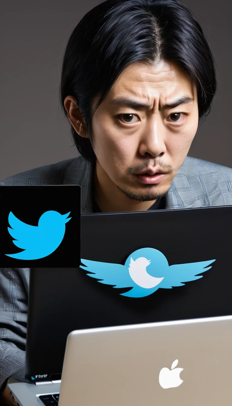 a horrible looking japanese man looking her laptop , twitter logo on the laptop