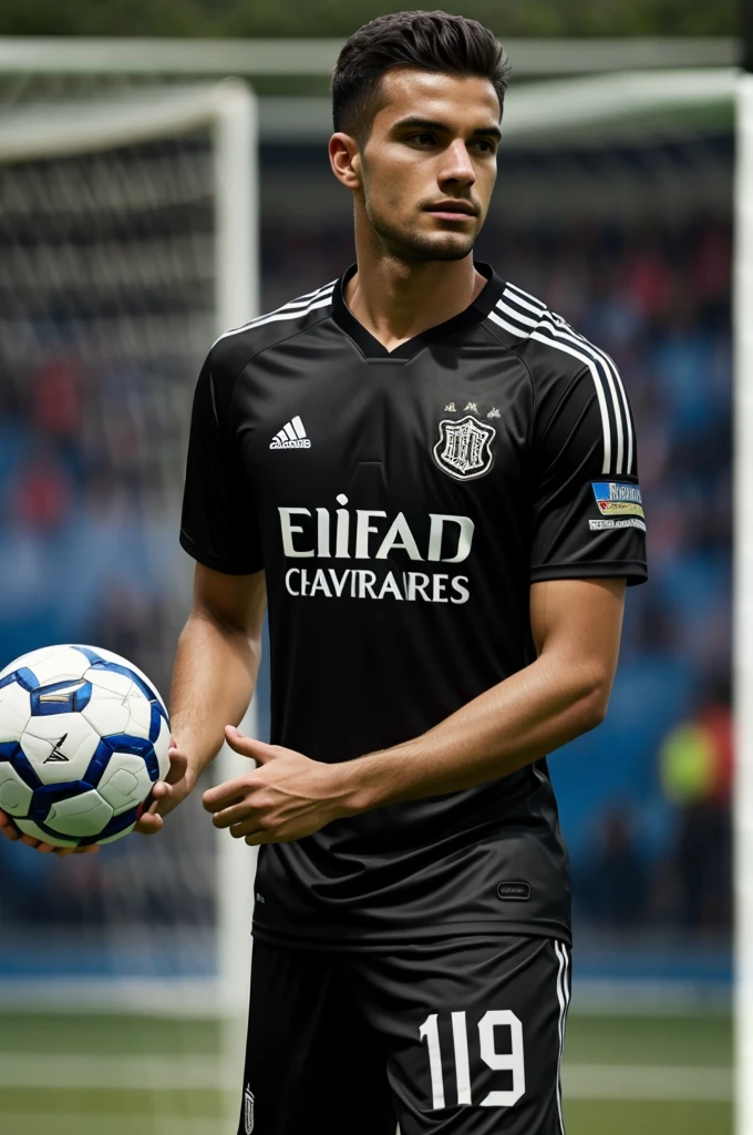 Make a soccer jersey of  in black in photo of hoalkeeper