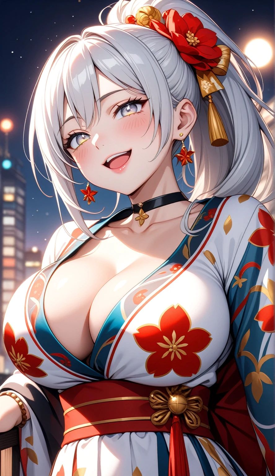 ((One personの女性)), Beautiful Face,Laughing embarrassedly,((Wink:2.3)),Laugh with your mouth wide open((Bright red cheeks:1.4)),Shiny red lips,night,rooftop,Festive decorations,You can see the ocean, firework,Laughing with your mouth open,Glossy pink lips,Facial lighting,((Anime style background)),masterpiece, Highest quality, so beautiful,up to date, Complex details, (Pink long nails),(ring),(bracelet),(choker),AI-generated, Complex,High resolution, Highest quality, super high quality,3D Images、3D Images,One person,Long white hair,High Ponytail,(White eyes),Anime woman posing for a photo, ((Fine grain、Silvery white colorful eyes、Shining Eyes:1.4)),(Squint your eyes:1.1),a hyperRealistic , hyperRealistic , Realistic,Anime woman with long white hair, Smooth anime CG art, A woman in a colorful kimono with gold embroidery, (Black long sleeve kimono),Red floral pattern,Long flower hair ornament,big floral earrings,Mature Body,(Big Breasts:1.1),expensive,Abdominal muscles,Tight waist,(Zoom up to face:1.7),Shooting from diagonally below