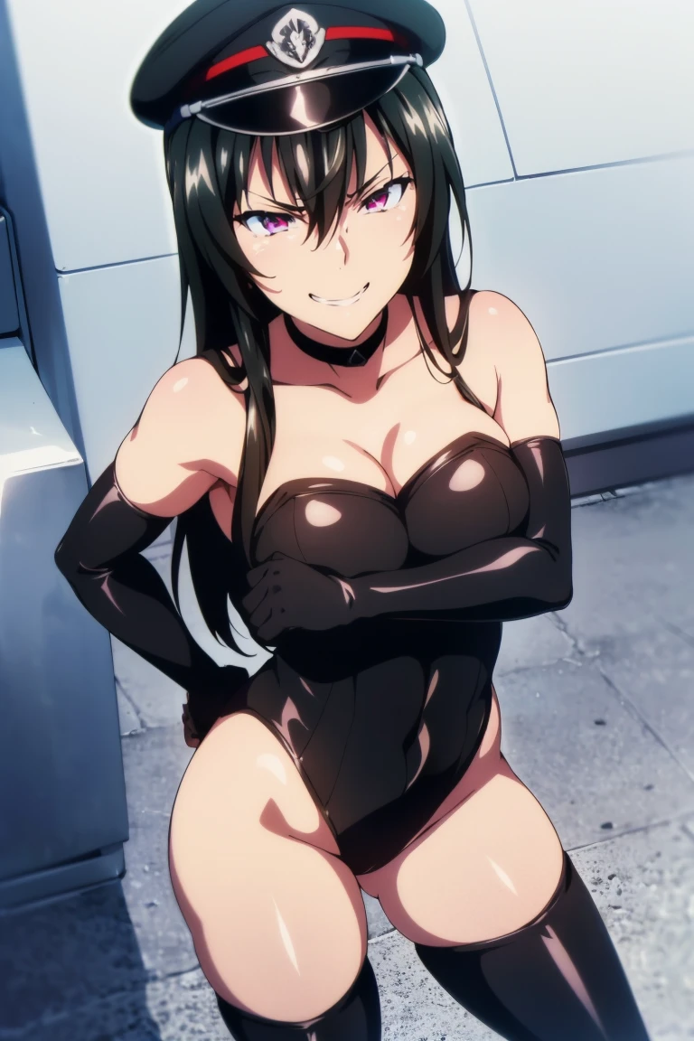 teenage girl, , (((grinning lasciviously))), seductive anime girl, (((nefarious smirk))), [[[[grinning evily]]]], beautiful, masterpiece, ultra detailed, extremely detailed, ultra high res, 8k, beautiful detailed face, anime screencap, heart shaped face woman, (black hair:1.2), long hair, hair between eyes, large breasts, fearless face, sharp face, slant eyes, cat eyes, 170cm tall, adult, perfect proportion, (((black high-leg leotard))), (((dare shoulder))), cleavage, (((thigh boots))), choker, (((military cap))), anime style, ultra detailed beautiful face and eyes, front view, raw phot, incredibly absurdres, Beautiful portrait of cute anime girls, super fine illustration, full-hd, hdr, best aesthetic, distinct, exquisite, masterwork, by famous artist, highers, (((perfect anatomy))), mocking, (((rape face))), (((evil grin))), intense eyes, sadistic, gleaming skin, oil skin, slut face, full-face blush, smirking, mischievous grin, furrowed mouth, both legs, pouty lips, downturned corners, rosy hue, grin widely, cheeky smirk, (((bad-tempered glare))), gloating, crazy smile, scary face, cruel smile, fang, connected teeth,, (((elbow gloves))), (((big connected teeth)), glare, grimace, smirk, (((scowling face))), smile broadly, symmetrical eyes, even eyes, perfect eyes, (((squinting eyes))), deep detailed eyes, shiny clothes, 1girl, solo, smug, smile grimly, (((dimpled smile))), pink eyes, (((upper body shot))), (((laugh))), (((pleasure face))), (((brutality face))), (((scary face))), (((empty eyes))), anime best girl, [[[[grinning evily]]]], anime moe artstyle, looking at viewer,　cowboy shot,　standing,　clenched teeth,　turtleneck, breast hold,　from above, leaning forward, depth of field,　shiny clothes, covered collarbone, adult face, perfect hands, perfect fingers, perfect face, upper body shot,