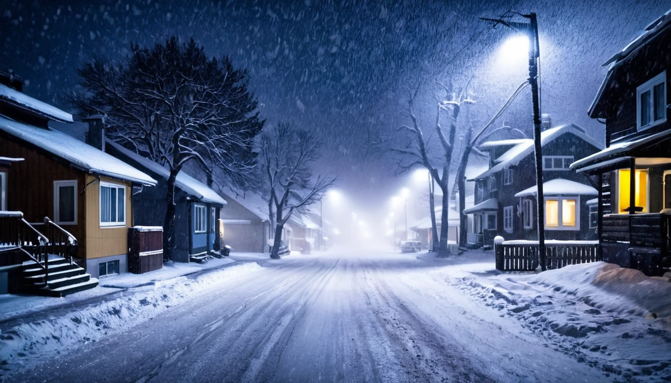 street with several, houses, blizzard, falling snow, ominous night