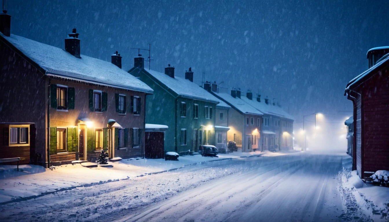 street with several, houses, blizzard, falling snow, ominous night