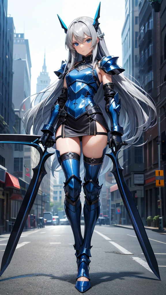 Female knight, leotard armor, long silver hair, blue eyes, smiling, walking in the crowded city, holding a weapon in hand, huge bust