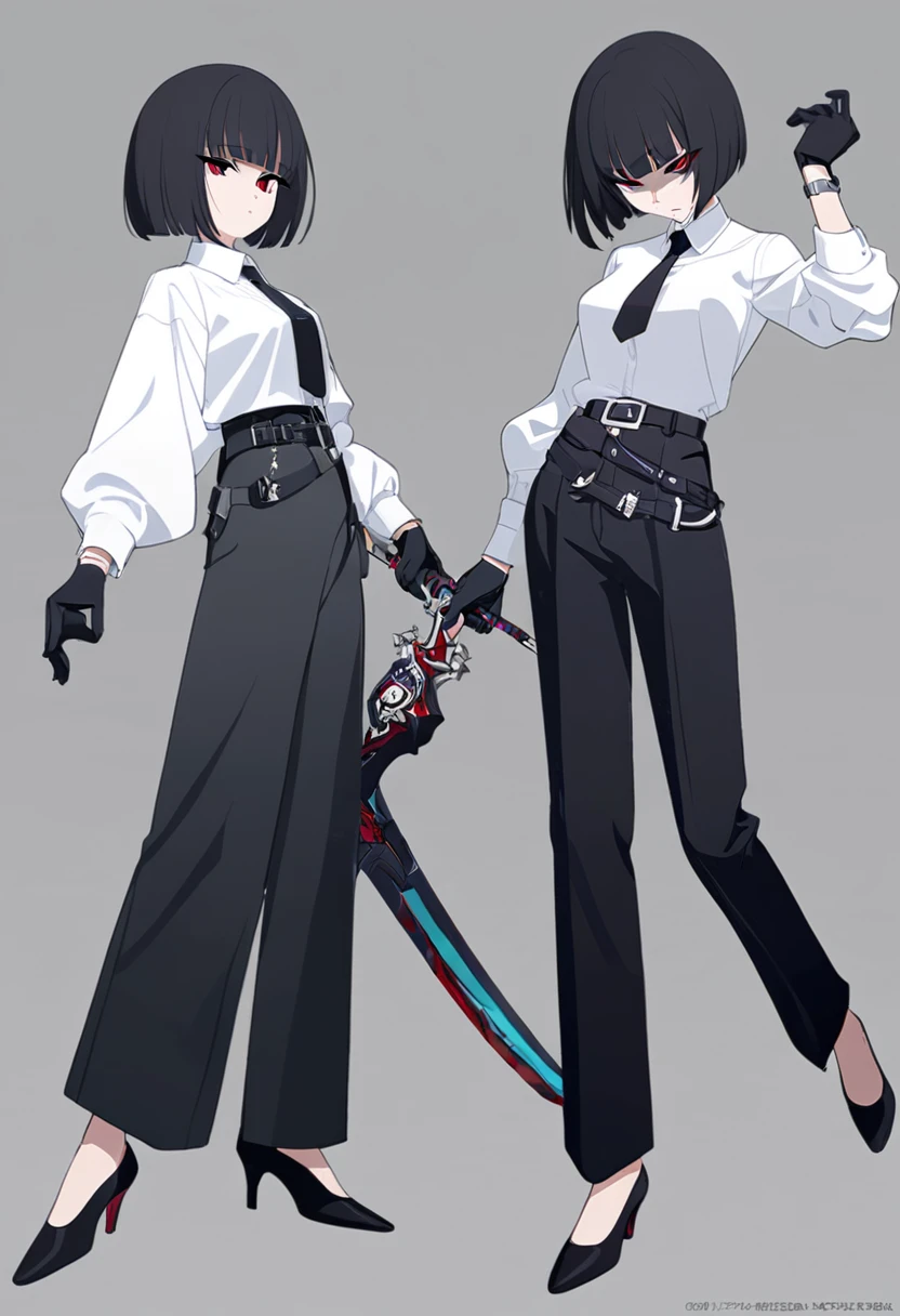 One woman,Dynamic,whole body,Are standing,mysterious,Concept Art,Character Design,Jet black straight hair,The bangs are trimmed to accentuate the eyes.,Well-proportioned face,Sharp Eyes,White shirt,Black tie,Black slacks,Silver cufflinks on the left hand,On the ring finger of her right hand she wears a simple silver ring.。Luxury watches,Black leather shoes,beltでウエストラインを強調,Stylish,Red eyes,belt,Stylish,Simple background gray,Details,Okabo Hair,Half-open eyes,Cool appearance,,Black gloves,Short Hair,Narrow eyes,Accentuated body lines,Has a sword on his waist,