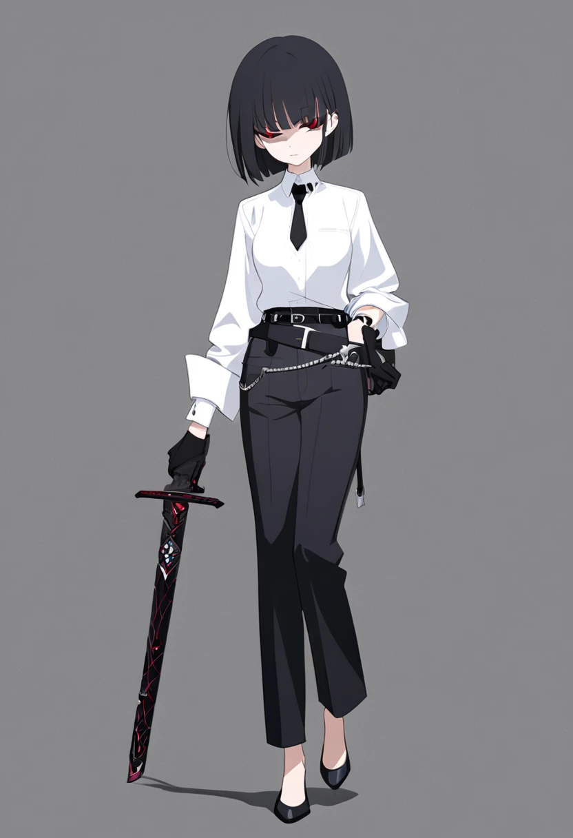 One woman,Dynamic,whole body,Are standing,mysterious,Concept Art,Character Design,Jet black straight hair,The bangs are trimmed to accentuate the eyes.,Well-proportioned face,Sharp Eyes,White shirt,Black tie,Black slacks,Silver cufflinks on the left hand,On the ring finger of her right hand she wears a simple silver ring.。Luxury watches,Black leather shoes,beltでウエストラインを強調,Stylish,Red eyes,belt,Stylish,Simple background gray,Details,Okabo Hair,Half-open eyes,Cool appearance,,Black gloves,Short Hair,Narrow eyes,Accentuated body lines,Has a sword on his waist,