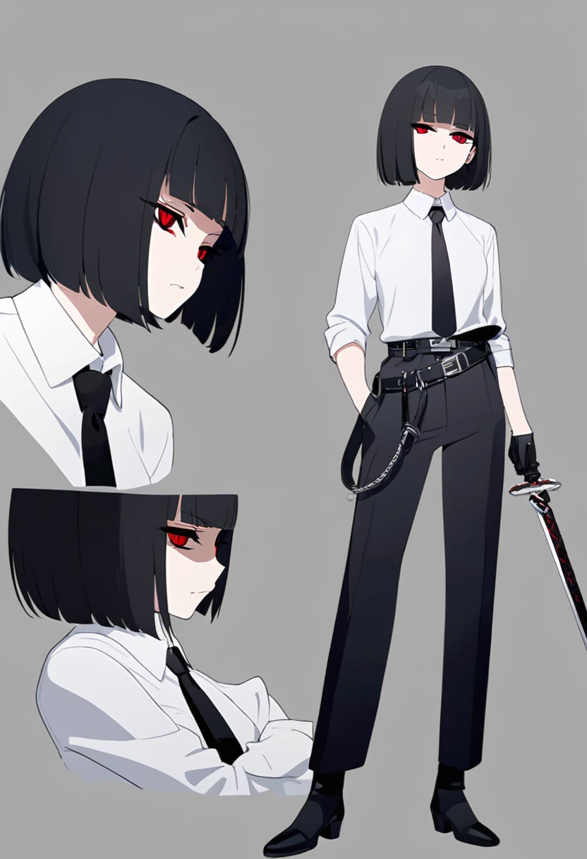 One woman,Dynamic,whole body,Are standing,mysterious,Concept Art,Character Design,Jet black straight hair,The bangs are trimmed to accentuate the eyes.,Well-proportioned face,Sharp Eyes,White shirt,Black tie,Black slacks,Silver cufflinks on the left hand,On the ring finger of her right hand she wears a simple silver ring.。Luxury watches,Black leather shoes,beltでウエストラインを強調,Stylish,Red eyes,belt,Stylish,Simple background gray,Details,Okabo Hair,Half-open eyes,Cool appearance,,Black gloves,Short Hair,Narrow eyes,Accentuated body lines,Has a sword on his waist,