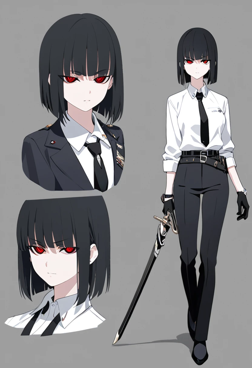 One woman,Dynamic,whole body,Are standing,mysterious,Concept Art,Character Design,Jet black straight hair,The bangs are trimmed to accentuate the eyes.,Well-proportioned face,Sharp Eyes,White shirt,Black tie,Black slacks,Silver cufflinks on the left hand,On the ring finger of her right hand she wears a simple silver ring.。Luxury watches,Black leather shoes,beltでウエストラインを強調,Stylish,Red eyes,belt,Stylish,Simple background gray,Details,Okabo Hair,Half-open eyes,Cool appearance,,Black gloves,Short Hair,Narrow eyes,Accentuated body lines,Has a sword on his waist,