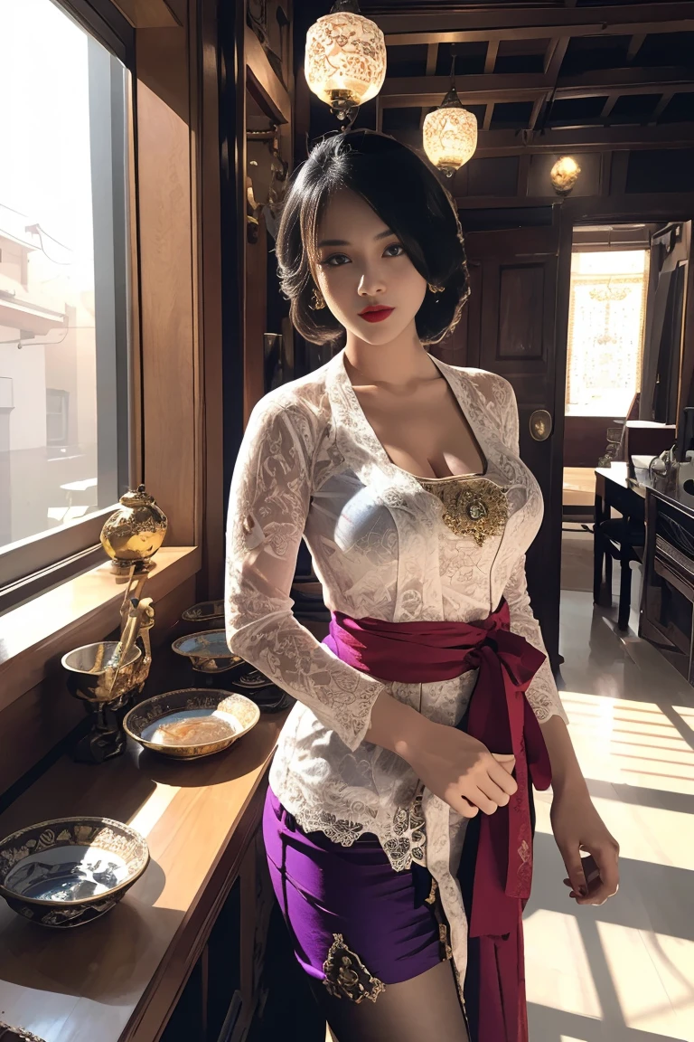 ((Extreme Wide Shot,cowboy shot, Deep Focus, Eye Level Shot)), Realism, , Rim Lights, Rim Lighting, Rim Light, Natural Lighting, Sunlight, Volumetric Lighting, Volumetric Light, Volumetric, ((high quality:1.2, masterpiece:1.2)), absurdres, high resolution, (8k resolution), 8k, 8kres, 8k res, high details, detailed and intricate, intricate details, high intricate details, absurd amount of details, ((looking at viewer)), detailed face, 1girl, solo, fashi-girl, mature girl, cute, sweet, a girl wearing kebaya, white purple kebaya, red lips, ((big breasts)) , stockings