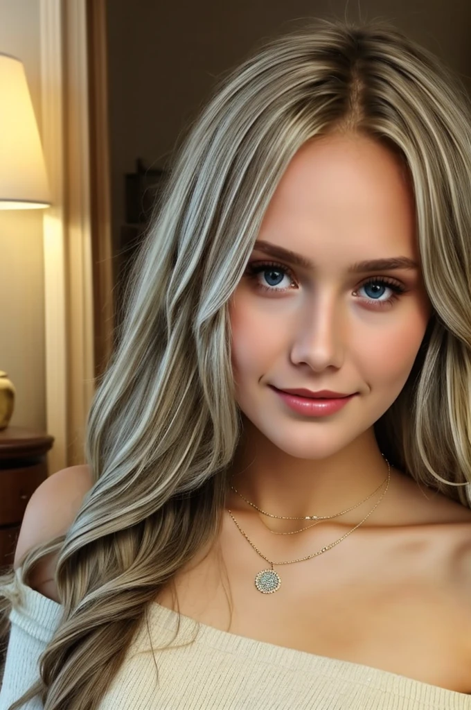 1girl in, age19, Solo, Long hair, Colossal , Looking at Viewer, blondehair, Bare shoulders, Brown eyes, jewely, Full body, a necklace, off shoulders, Sweaters, Realistic, A sexy