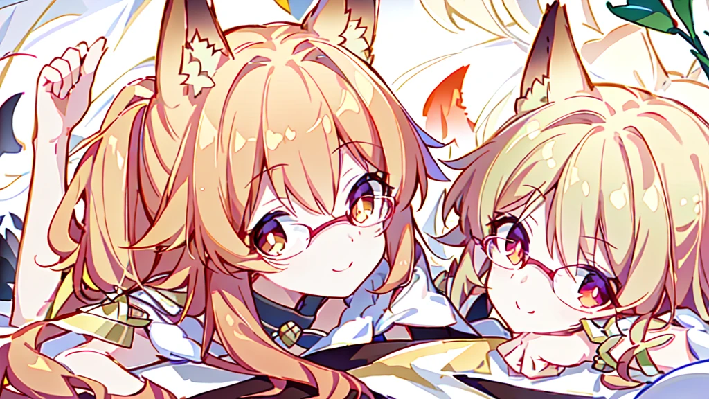 ((Best quality)), ((masterpiece)), (detailed), best quality,8K,original photo,Red Fox Maiden,touch fox,Castle Background, Liveliness. Carefree happy joy bokeh background. Quiet aesthetics. Soft lighting. Artistic Lighting. Gold frame glasses