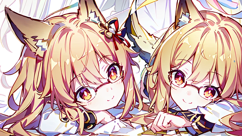((Best quality)), ((masterpiece)), (detailed), best quality,8K,original photo,Red Fox Maiden,touch fox,Castle Background, Liveliness. Carefree happy joy bokeh background. Quiet aesthetics. Soft lighting. Artistic Lighting. Gold frame glasses