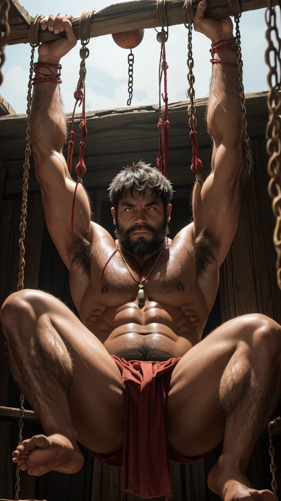 10-year-old rural werewolf boy,Red skin,Topless,barefoot,The muscles are plump and shiny,Huge pectoral muscles,sweat,Armpit Hair,Leg hair,chest hair,whole body,Feet tied with chains,Suspended from beams,Body hanging upright,body flushed