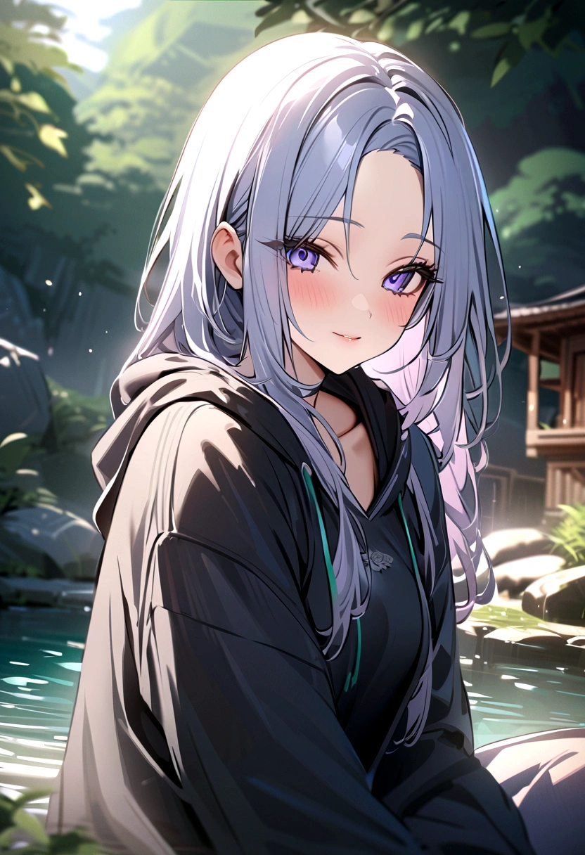 ((masterpiece)), ((best quality)), (ultra-detailed), ((extremely detailed)), 4K, (8K), 黒ギャル、A woman wearing a black hoodie、シャインゴールドヘアカラー、parted bangs middle hair、Hot spring inn、