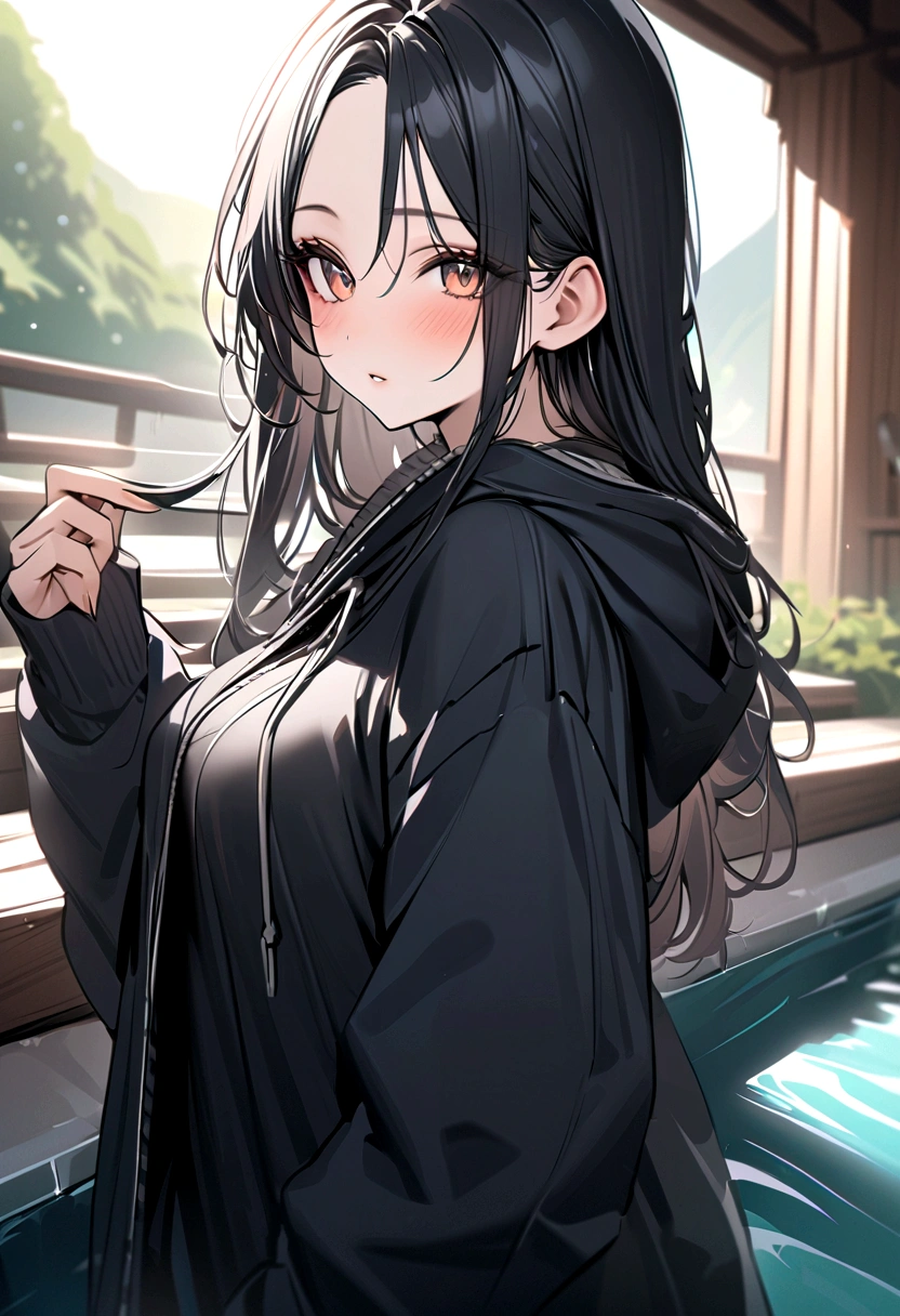 ((masterpiece)), ((best quality)), (ultra-detailed), ((extremely detailed)), 4K, (8K), 黒ギャル、A woman wearing a black hoodie、シャインゴールドヘアカラー、parted bangs middle hair、Hot spring inn、