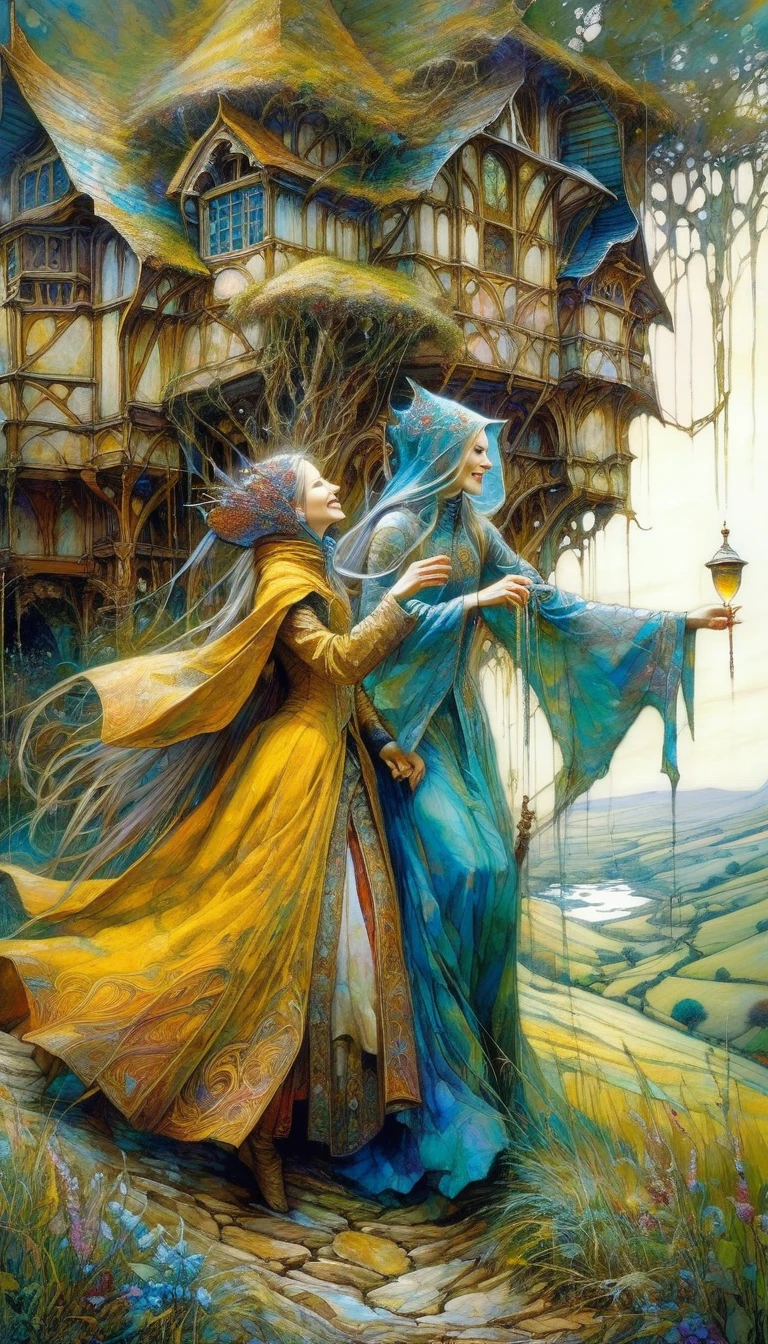 a woman and a girl pass a luxurious glass from one to another happy, joy, medieval village in landscape view (art inspired by Brian Froud and Carne Griffiths and Wadim Kashin, intricate details, oil painting)