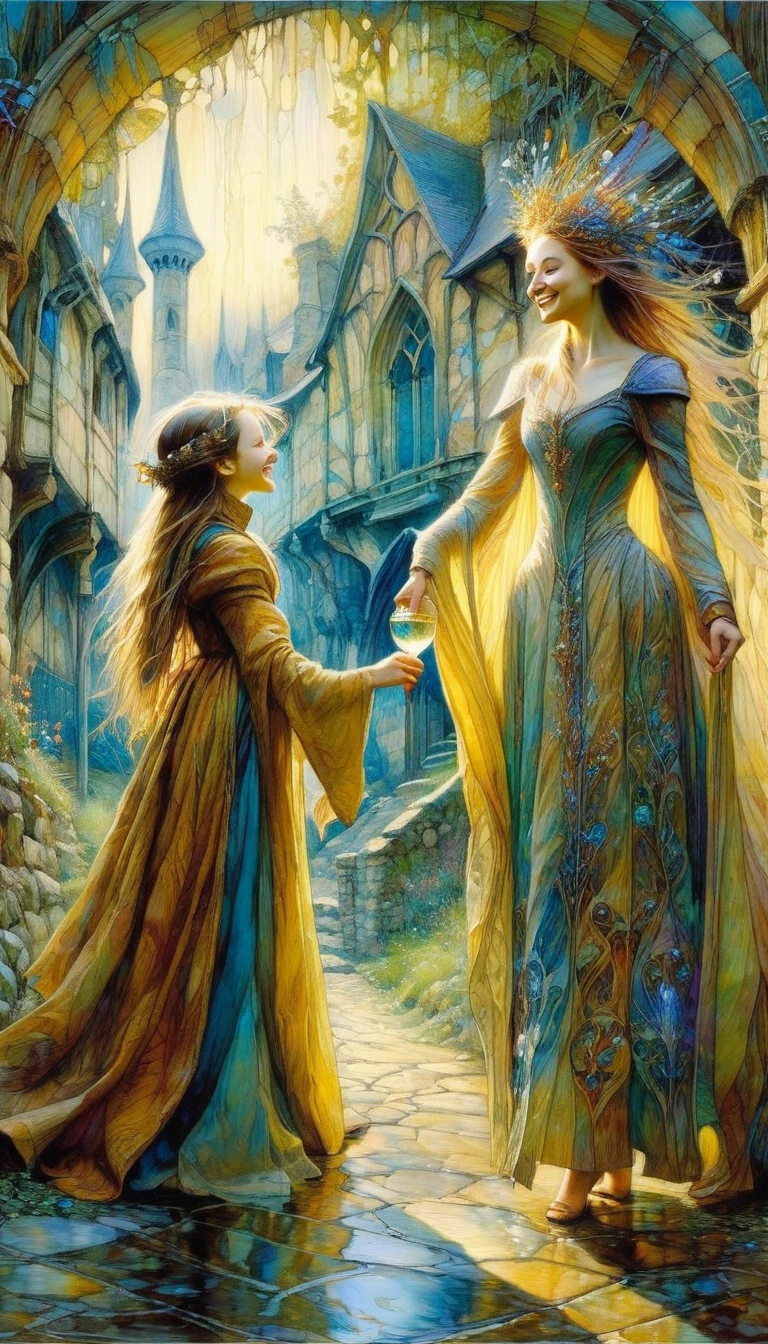 a woman and a girl pass a luxurious glass from one to another happy, joy, medieval village in landscape view (art inspired by Brian Froud and Carne Griffiths and Wadim Kashin, intricate details, oil painting)