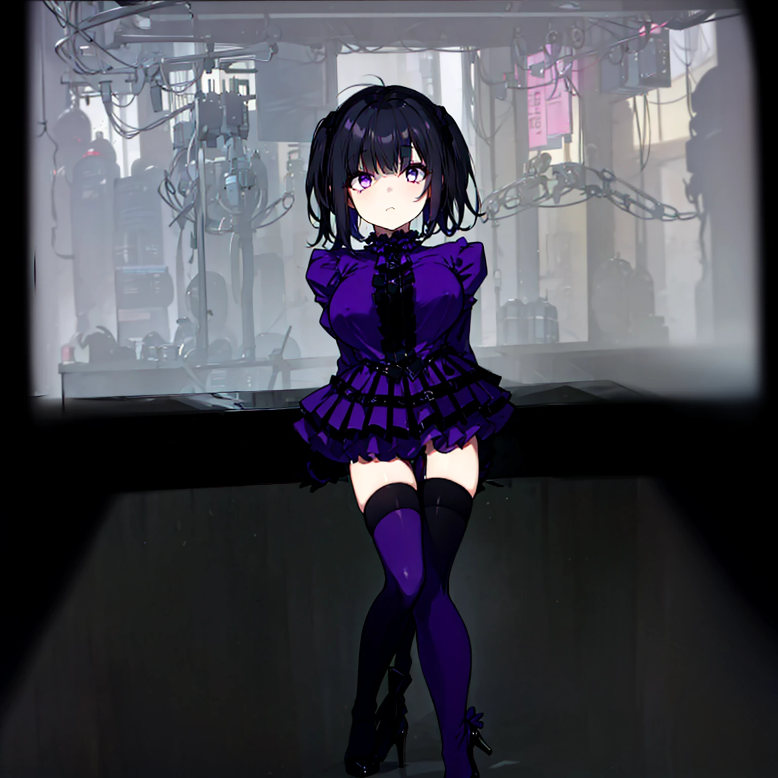 (solo), (1 skinny short girl:1.2), dark hall of mansion, (midnight), purple eyes over hair, Gothic Lolita, arms behind back, BREAK, (black short hair), (large breasts), perky breasts, white skins, (skinny narrow waist), skinny legs, BREAK, (frilled layered black short dress), (frilled black cape), close chest, frilled long sleeve, show off thigh gap, (frilled black thighhighs:1.1), stiletto heels, BREAK, sad face, orgasm, coverd erectile nipples