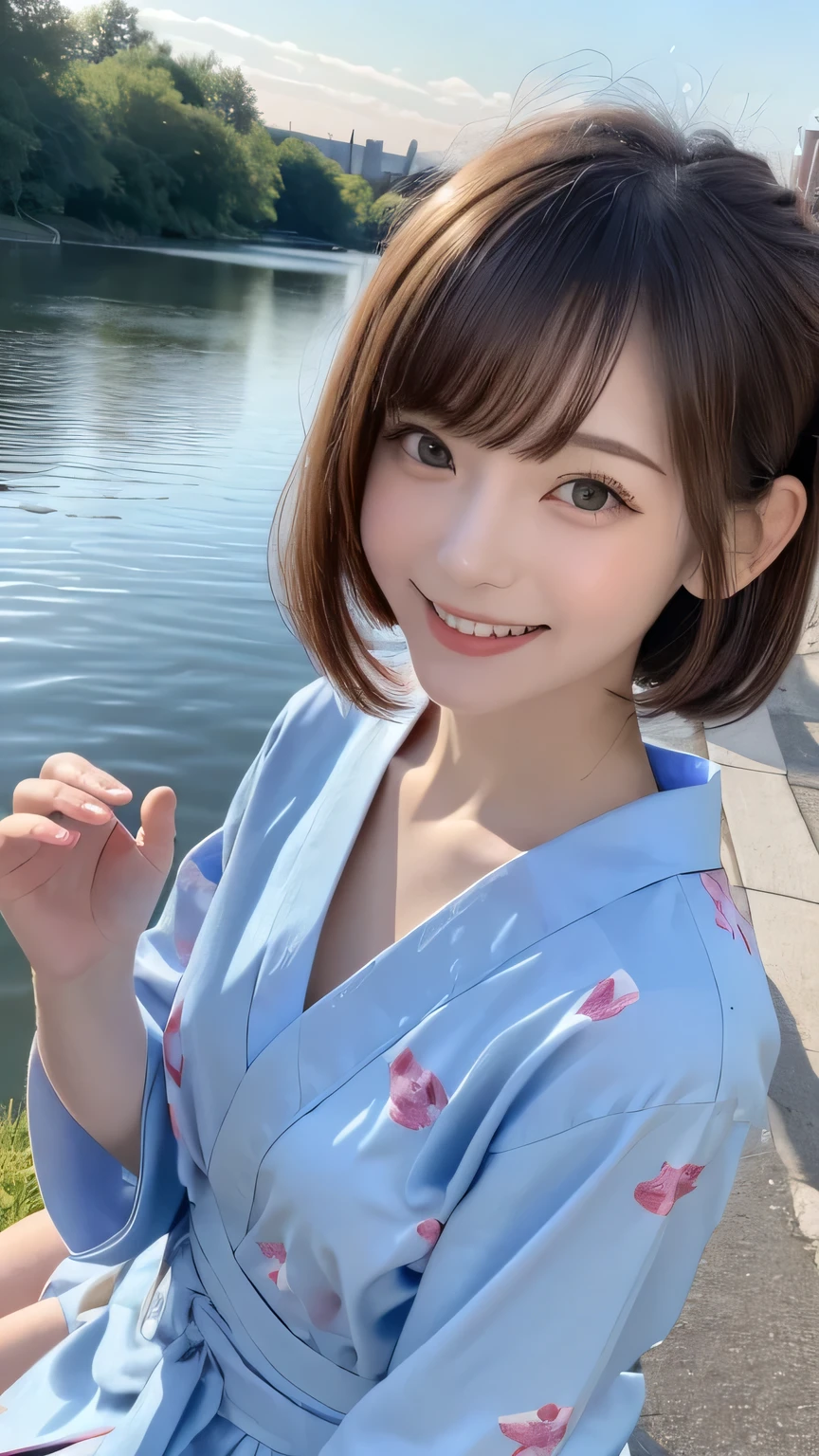 closeup shot , Best picture quality (8K, high resolution, Masterpiece: 1.2), super detailed,  215 Short Hair, 16-year-old woman, 

situation: Waiting for the fireworks to start on the riverbank at dusk、Enjoying a picnic with friends and family。
clothing: Brightly colored yukata、band、can。Hair is upstyled、Wear a hair accessory that matches your yukata。
angle: With a riverside landscape in the background、Photographing a yukata from a wide angle。Relaxing on a picnic sheet、Close-up of a friend laughing together。The evening sky slowly々It gets dark、Reflecting the sense of anticipation as the fireworks begin。

Close-up of face 

, random cute pose ,big eyes ,Puffy eyes ,  Heart Pupil, blush  , huge shy smile , salute
