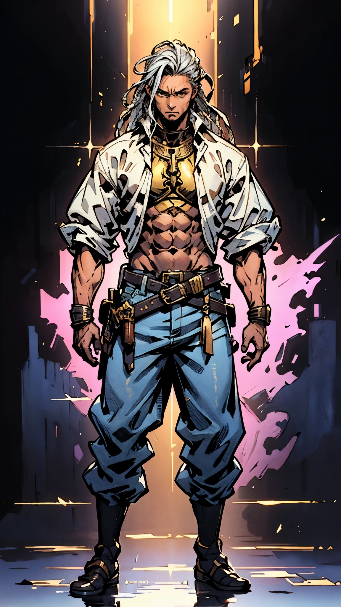A young man with long white dreadlocks, dark skin, a melancholic expression, drooping eyelids and eyebrows, a lean face, a thin yet sturdy build, a tattered and ill-fitting light blue fantasy-style adventurer's shirt with short sleeves, revealing his abs, a silver breastplate on his left chest, a large sword is strapped to his back, a yellow belt, white coarse cloth trousers, stands nervously in a fantasy-style western town, this character embodies a finely crafted fantasy-style adventurer in anime style, exquisite and mature manga art style, dramatic, high definition, best quality, highres, ultra-detailed, ultra-fine painting, extremely delicate, professional, perfect body proportions, golden ratio, anatomically correct, symmetrical face, extremely detailed eyes and face, high quality eyes, creativity, RAW photo, UHD, 32k, Natural light, cinematic lighting, masterpiece--perfect, masterpiece:1.5