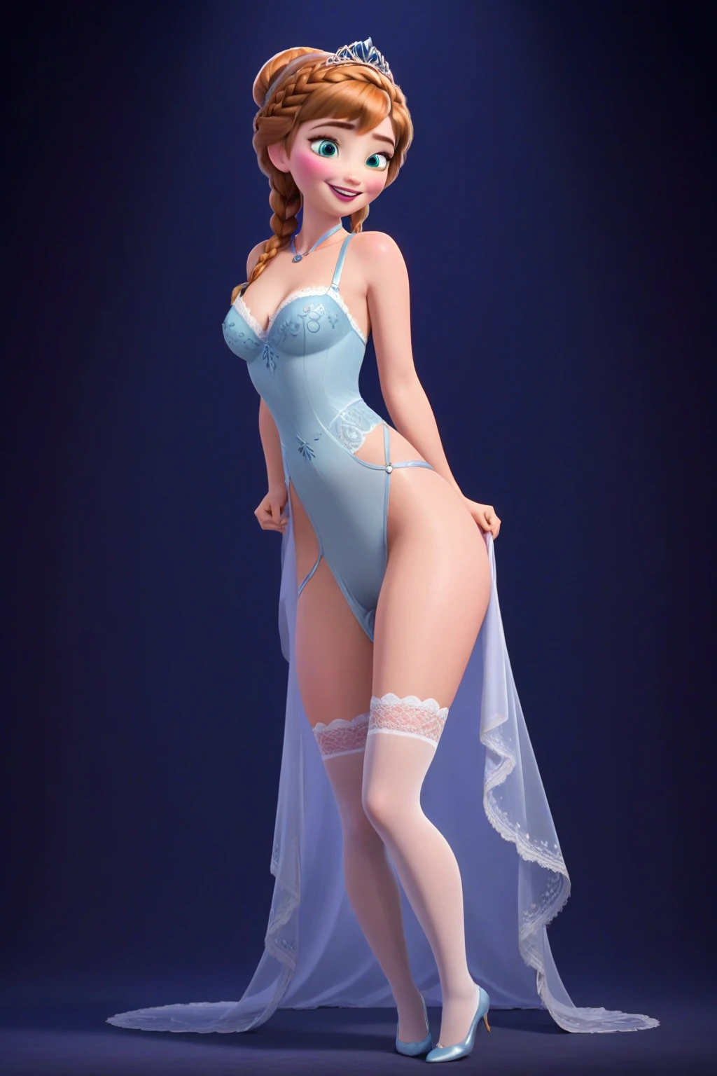 (masterpiece),(highest quality),highres,(an extremely delicate and beautiful),(extremely detailed), 1girl, solo,  anna of arendelle, nude, twin braids, woman, night, smile,  royal palace,  nude,big breasts, full body, She wears a delicate necklace with a small pendant around her neck. Outfit: The woman is wearing a wedding dress that has thin straps and lace details. She is wearing white stockings with lace trim on the top. The garter belt that is attached to the stockings is also visible. She has white lace panties on her hips. Apart from: The woman lies on her back on a white silk material (probably bed linen). Her legs are slightly raised and bent at the knees, showing off her stockings and garter belt. One of her hands is visible, resting gently on her hip. With her other hand, someone (not visible in the photo) is holding her leg, straightening her stocking. Expression: The woman's facial expression is flirtatious, with her mouth slightly open and a sensual gaze directed towards the 